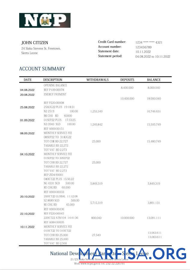 Downloadable Sierra Leone National Development bank statement word sample